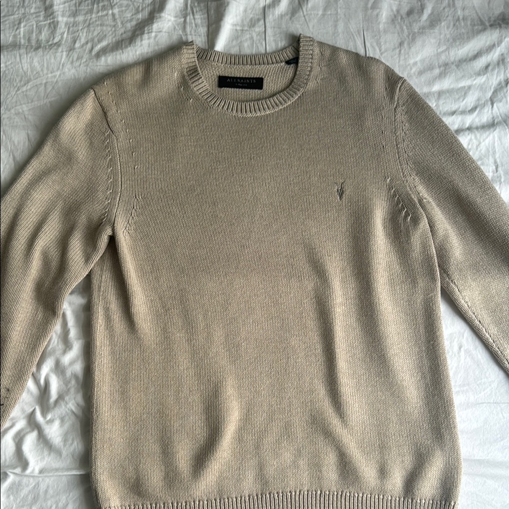 Cream Crewneck Sweater with Ribbed Details